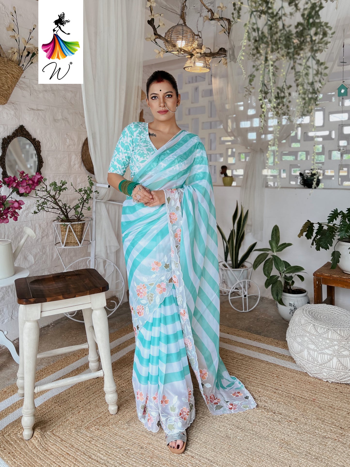 Gemini Chiffon Embroidery & Stripes Print Saree