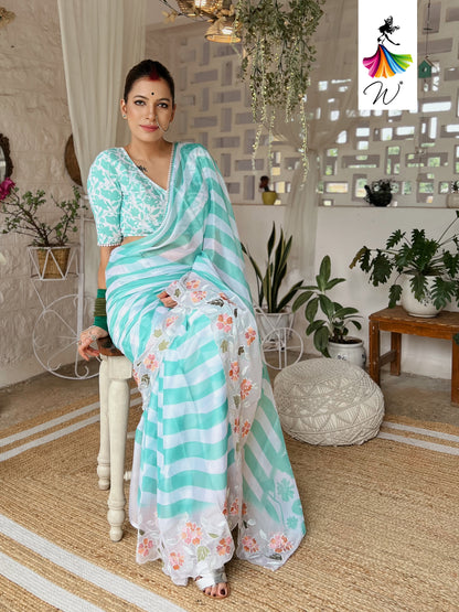 Gemini Chiffon Embroidery & Stripes Print Saree