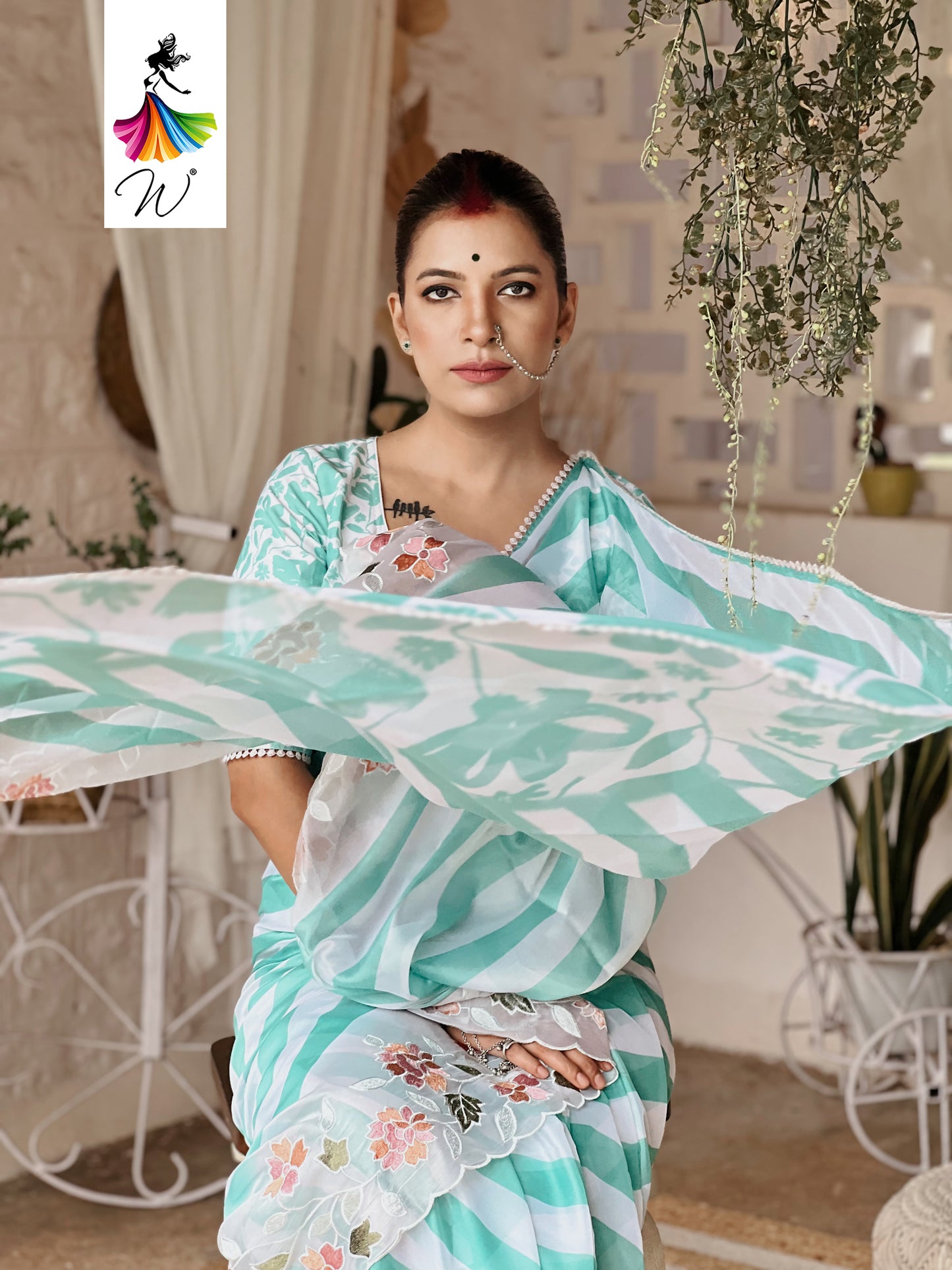 Gemini Chiffon Embroidery & Stripes Print Saree