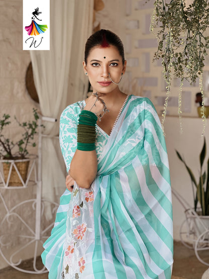 Gemini Chiffon Embroidery & Stripes Print Saree