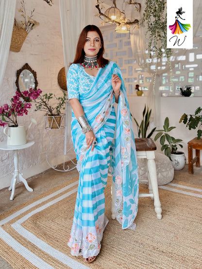 Gemini Chiffon Embroidery & Stripes Print Saree