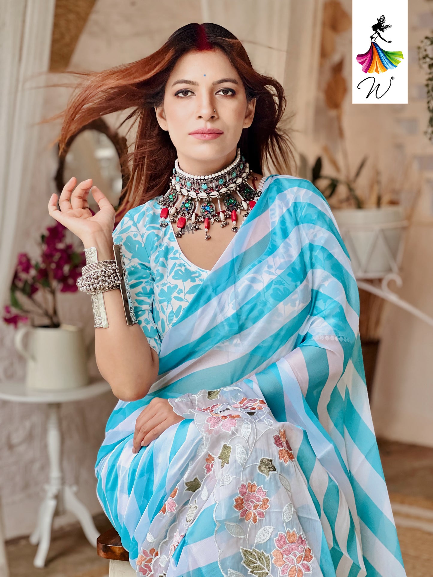 Gemini Chiffon Embroidery & Stripes Print Saree