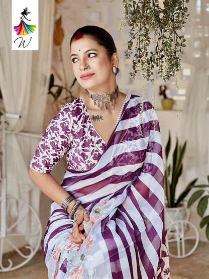 Gemini Chiffon Embroidery & Stripes Print Saree