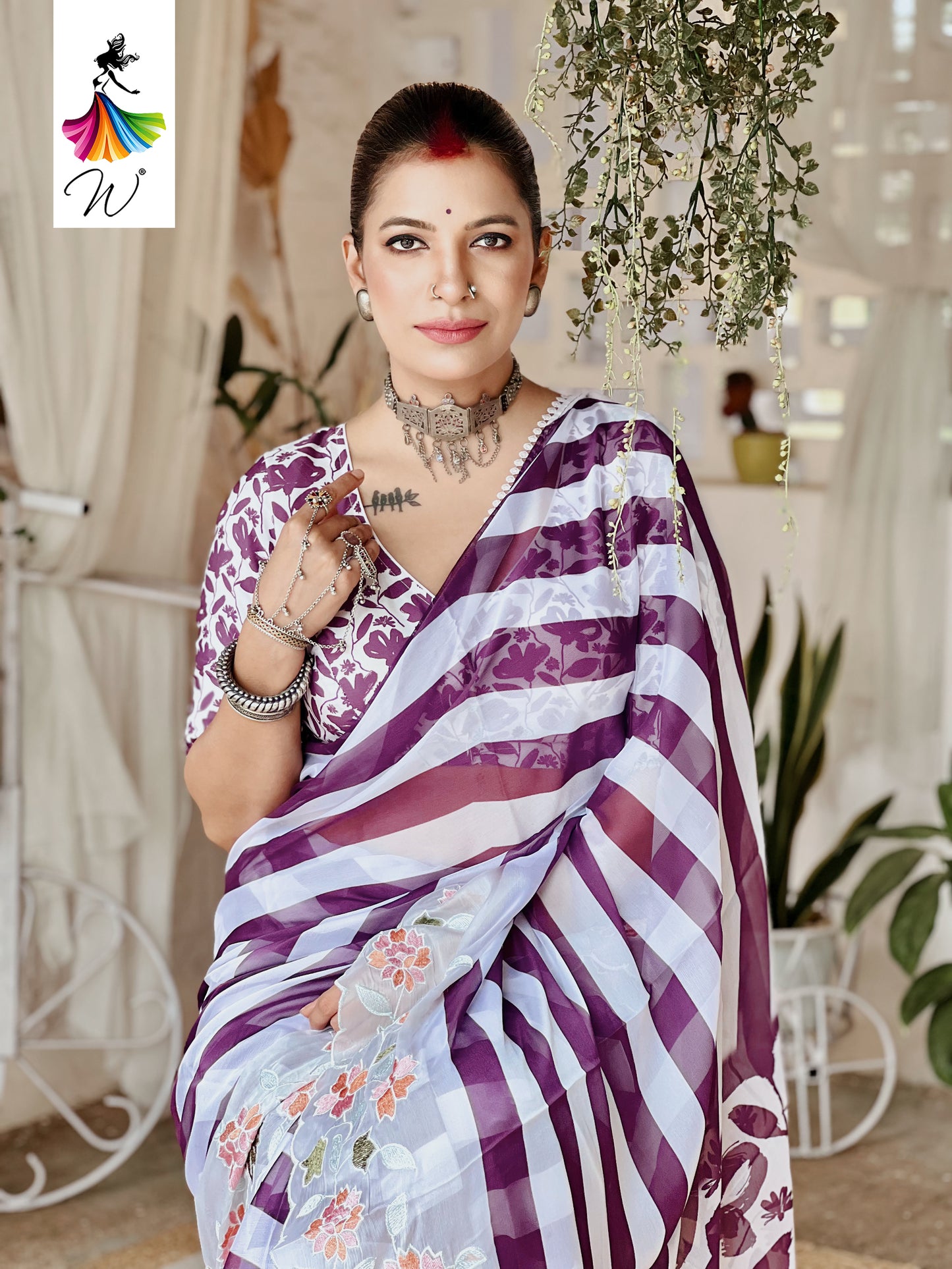 Gemini Chiffon Embroidery & Stripes Print Saree