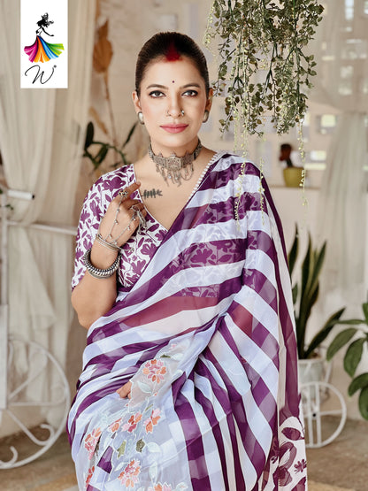 Gemini Chiffon Embroidery & Stripes Print Saree