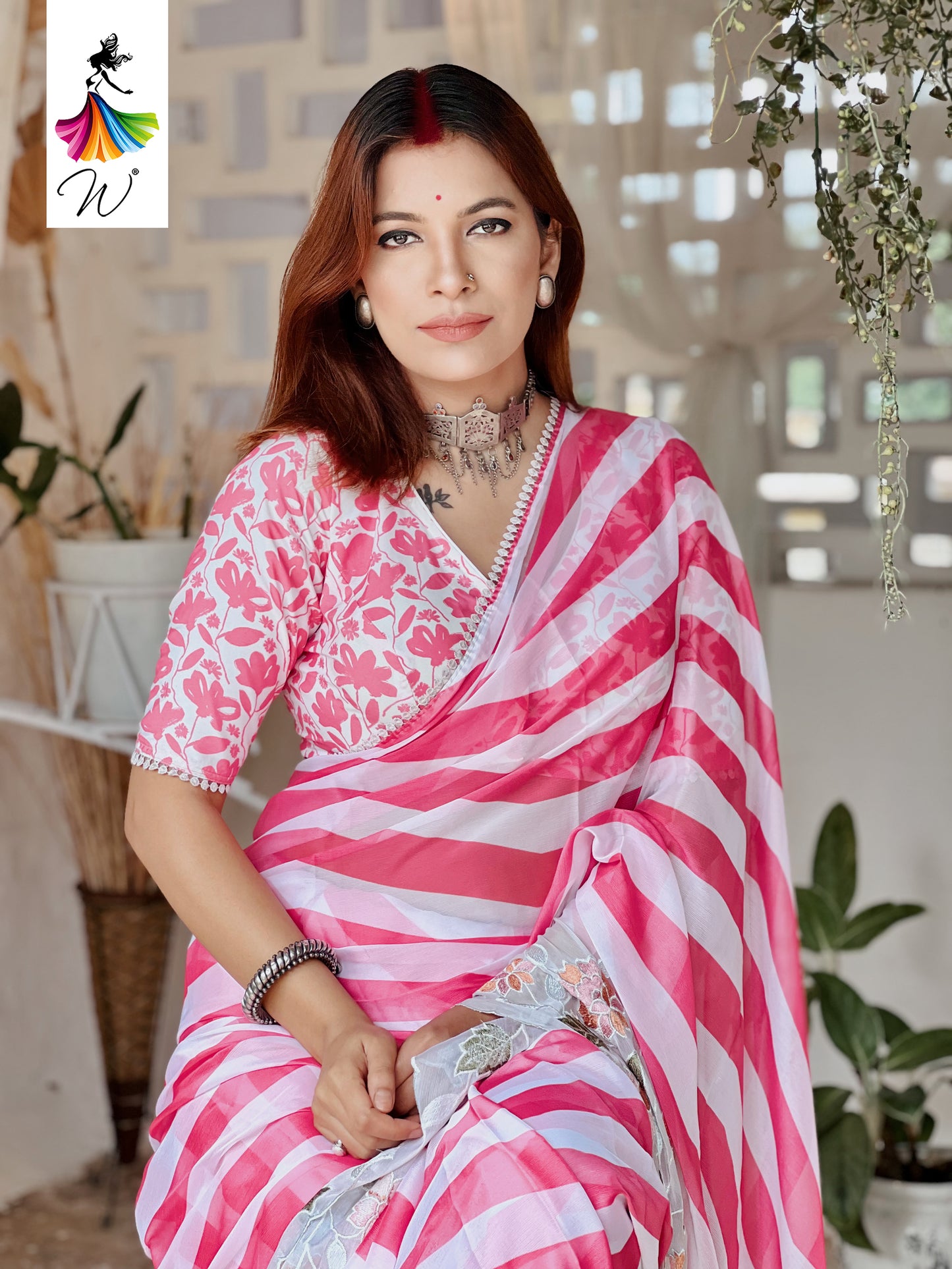 Gemini Chiffon Embroidery & Stripes Print Saree