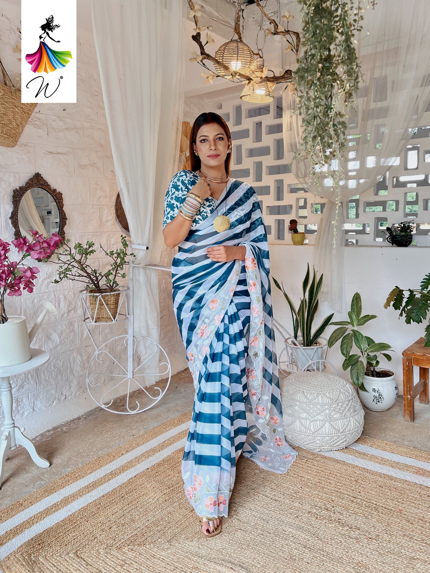 Gemini Chiffon Embroidery & Stripes Print Saree