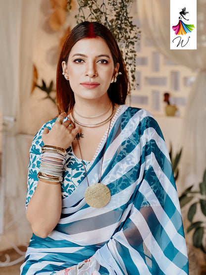 Gemini Chiffon Embroidery & Stripes Print Saree