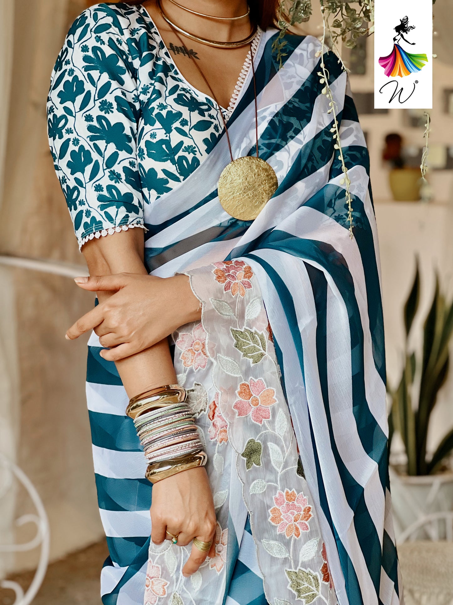 Gemini Chiffon Embroidery & Stripes Print Saree