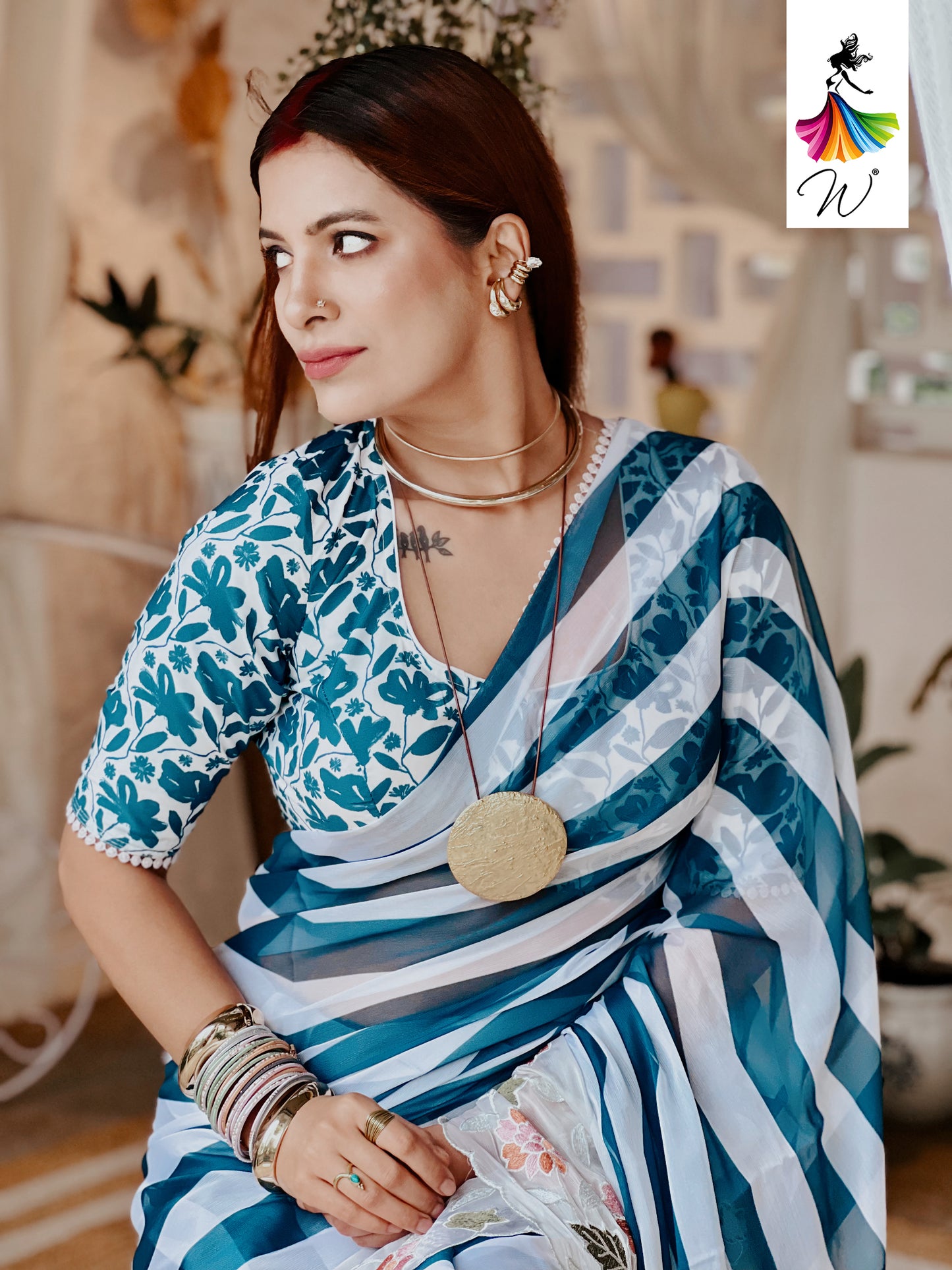 Gemini Chiffon Embroidery & Stripes Print Saree