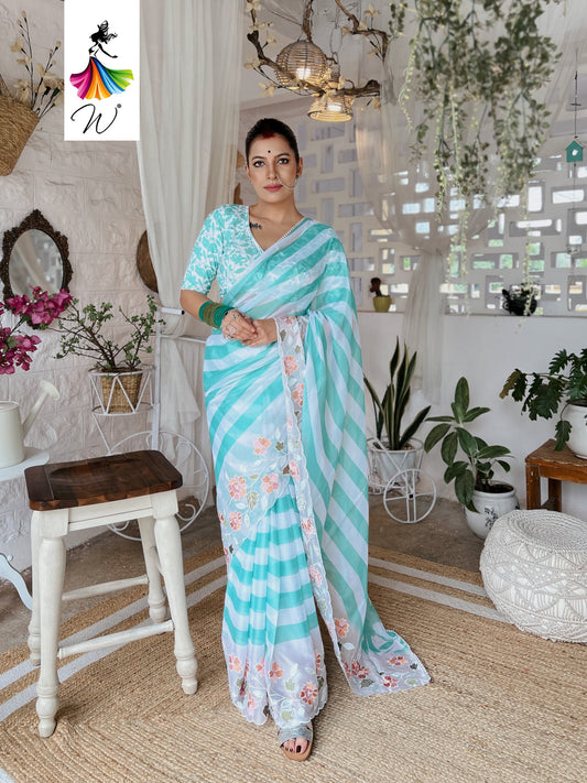 Gemini Chiffon Embroidery & Stripes Print Saree - Womantra